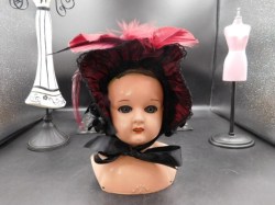  VINTAGE DOLL HAT BONNET BLACK RIBBON, BURGUNDY BASE, RED & BLACK fEATHERS, BLACK ROSES 9" LONG